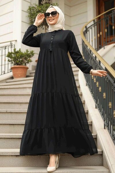 Neva Style Layered Pleated Dark Navy Blue Hijab Dress 22051KL