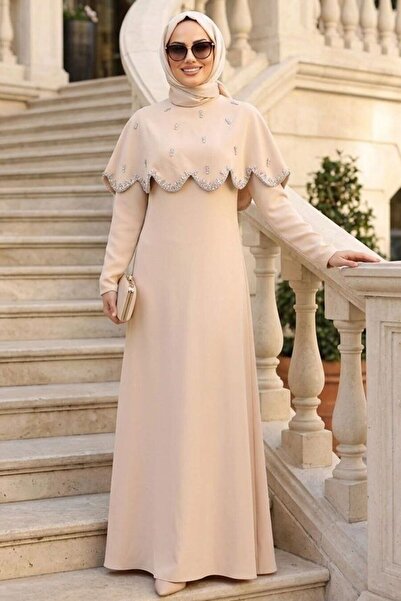 N.S NEVA STYLE فستان سهرة بيج بتفاصيل عباءة 55781BEJ