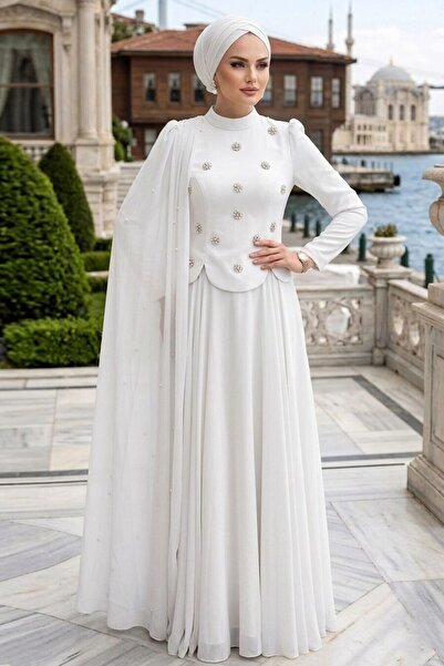 N.S NEVA STYLE Adriana Ekru İnci Detaylı Pelerinli Tesettür Abiye 5680E