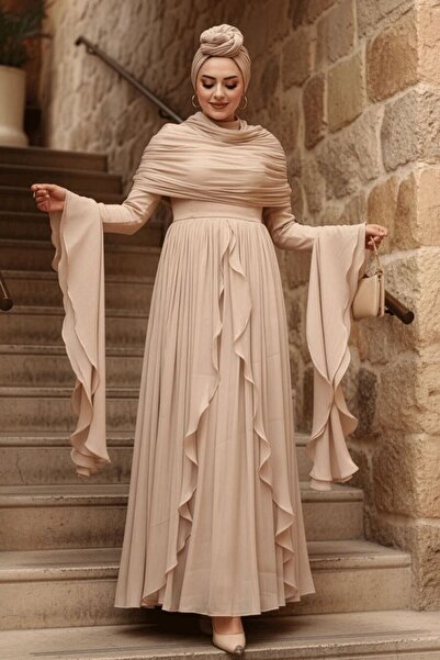 N.S NEVA STYLE Ruffle Detailed Beige Hijab Evening Dress 53981Bej