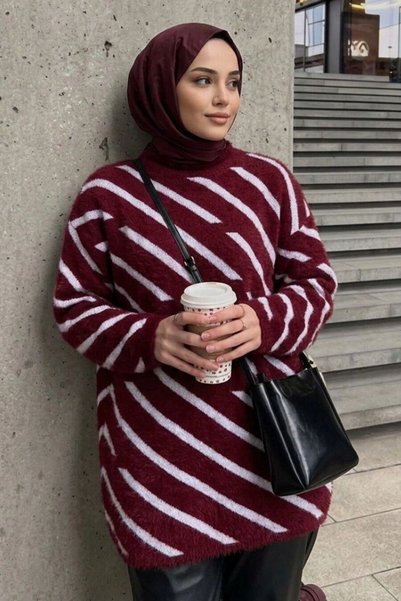 N.S NEVA STYLE Maroon Hijab-Strick-Tunika mit Streifenmuster 80021BR