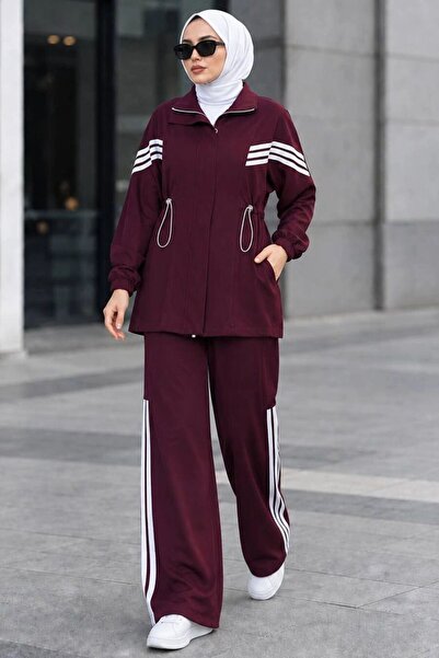 Neva Style Kol Şerit Detaylı Cepli Oysho Bordo Tesettür Pantolon Takım 10601BR