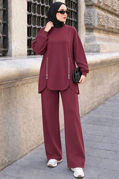 Neva Style Fermuar Cep Detaylı Oysho Kumaş Vişne Tesettür Pantolon Takım 3040VSN