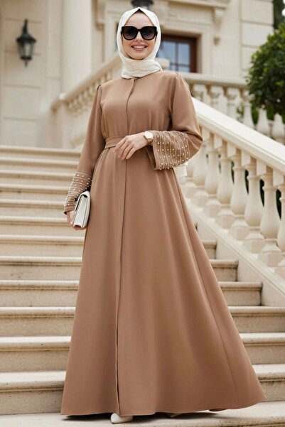 N.S NEVA STYLE عباية إسلامية مطرزة بالأحجار على الأكمام من قماش الجمل 60041C