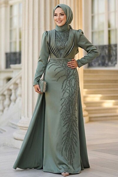 Neva Style Beaded Khaki Hijab Evening Dress 23122Hk