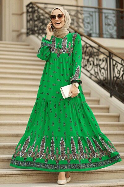 Neva Style Patterned Green Hijab Dress 50092Y