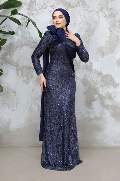 Neva Style Beading Embroidered Navy Blue Hijab Evening Dress 50541L