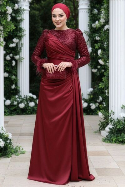 N.S NEVA STYLE Boncuk İşlemeli Bordo Tesettür Abiye Elbise 52151BR