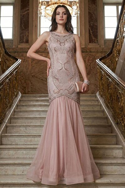Neva Style Boncuk İşlemeli Pudra Saten Bulava Abiye Elbise 43680PD