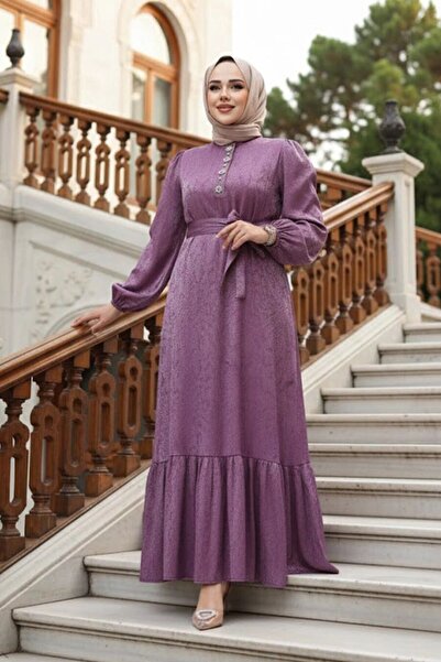 N.S NEVA STYLE Taş Detaylı Gül Kurusu Tesettür Jakar Elbise 23891GK