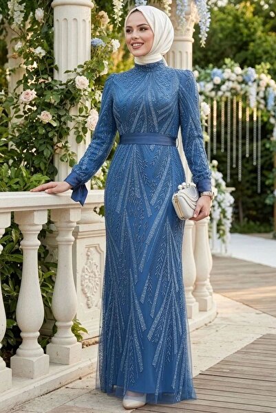Neva Style Beading Embroidered Indigo Blue Hijab Evening Dress 47631Im