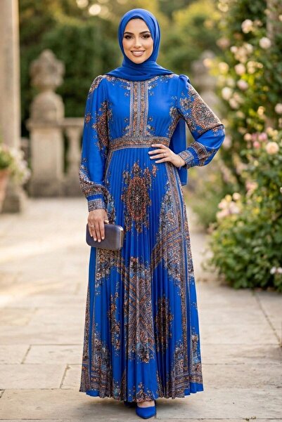 N.S NEVA STYLE فستان كوبى ساتان ساكس بحزام منقوش باللون الأزرق 15756SX