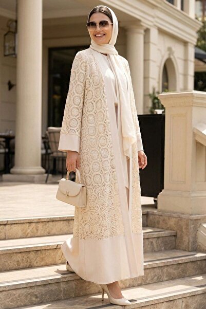 Neva Style Güpür Dantel Detaylı Bej Tesettür Abaya 63212BEJ
