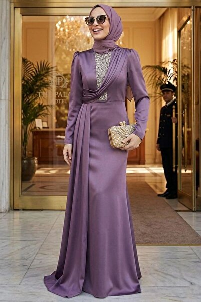 Neva Style Tailored Dusty Rose Satin Hijab Evening Dress 22891Gk