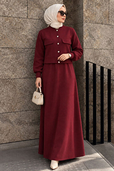 N.S NEVA STYLE Buttoned Burgundy Hijab Skirted Two-Piece Set 12261Br