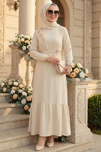 Neva Style Kemerli Bej Tesettür Elbise 659BEJ