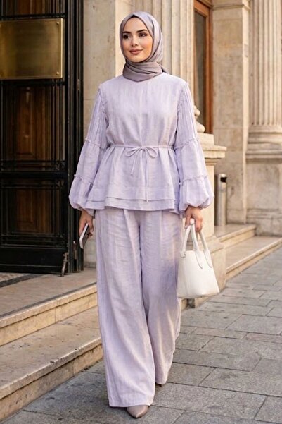 Neva Style Balon Kol Detaylı Lila Tesettür Takım 26158LILA