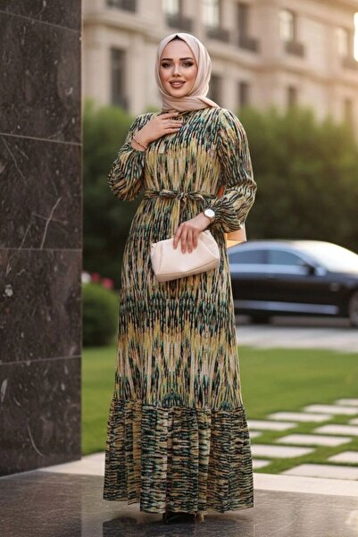 N.S NEVA STYLE Patterned Oil Green Hijab Dress 52721Yy