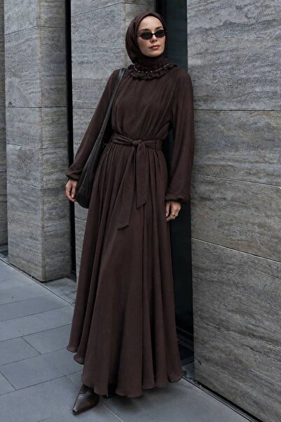 N.S NEVA STYLE Ruffled Collar Cape Detailed Brown Hijab Dress 5328Kh