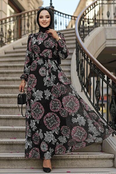 Neva Style Floral Patterned Dusty Rose Hijab Dress 279320Gk