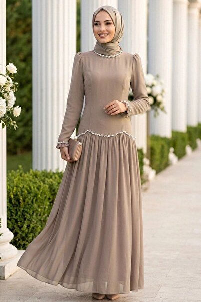N.S NEVA STYLE Bead Detailed Mink Hijab Evening Dress 55212V