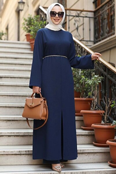 N.S NEVA STYLE Slit Detailed Navy Blue Hijab Double Suit 7669L