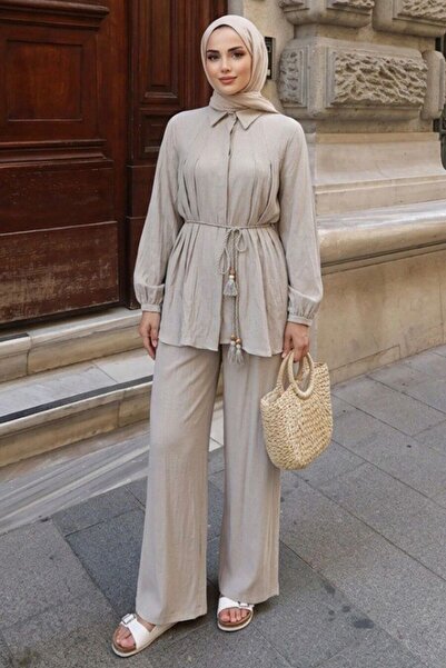 Neva Style Shirt Collar Tie Detail Stone Hijab Suit 26190Tas