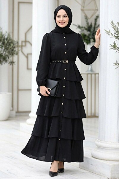 Neva Style İthal Krep Kat Kat Detaylı Siyah Tesettür Elbise 95720S