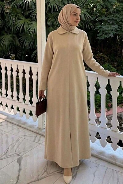 Neva Style Zippered Beige Hijab Dress 17872Bej