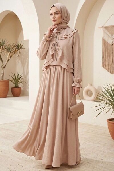 Neva Style Fırfırlı Bej Tesettür Gömlek Etek Takım 1397BEJ