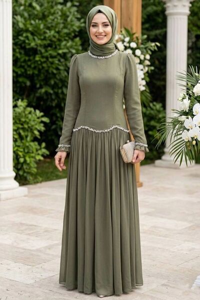 N.S NEVA STYLE Beaded Detailed Green Hijab Evening Dress 55212Cy