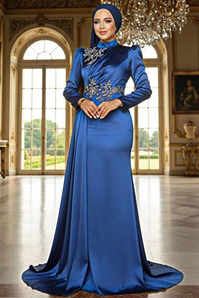 Neva Style Tailored Navy Blue Satin Hijab Evening Dress 22830L