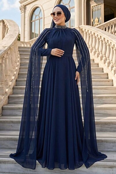 Neva Style Navy Blue Hijab Evening Dress with Cape Detail 47381L