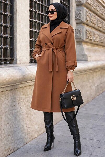 N.S NEVA STYLE Belted Tan Cashmere Hijab Coat 61102Tb