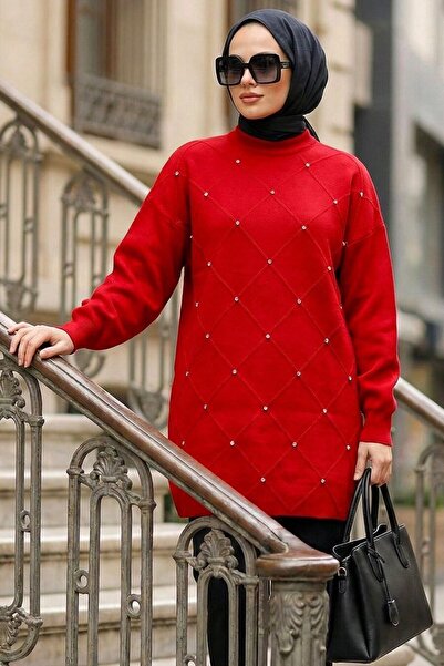 N.S NEVA STYLE سترة تريكو حمراء مزينة بالخرز 10138K