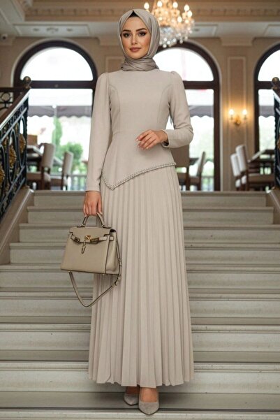 N.S NEVA STYLE Pleated Navy Blue Hijab Evening Dress 4770L