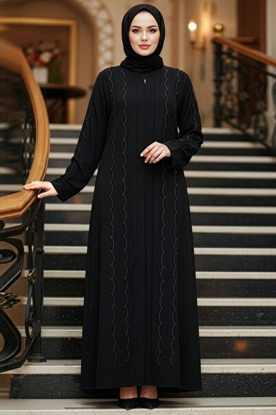 Neva Style Black Hijab Ferace with Bead Embroidery 29113S