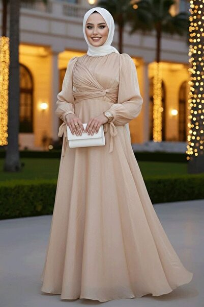 Neva Style Draped Detail Biscuit Hijab Evening Dress 4823Bs