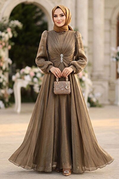 N.S NEVA STYLE Stone Buckle Draped Dark Mink Hijab Evening Dress 5705Kv