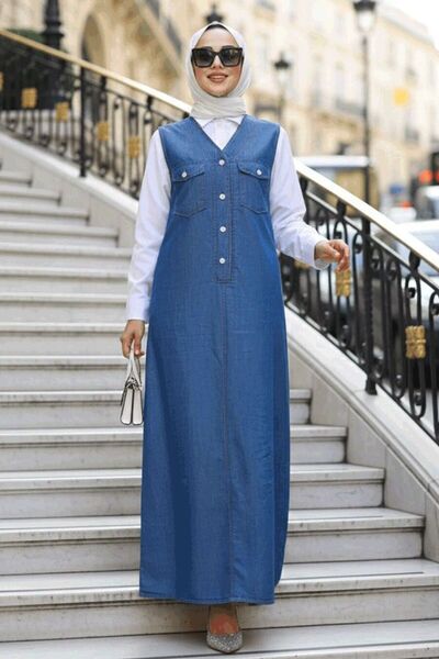 Neva Style Navy Blue Hijab Denim Salopet Dress 19018L