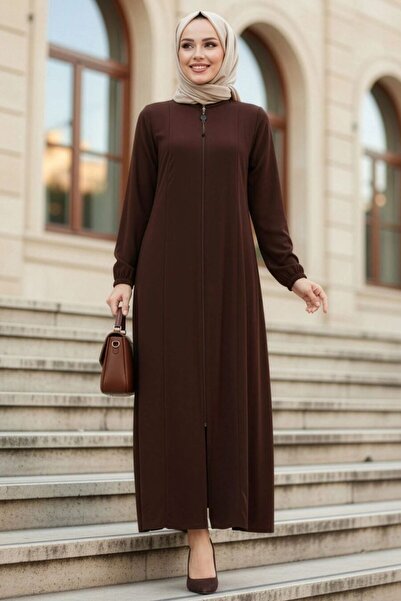 N.S NEVA STYLE Zippered Dark Brown Hijab Abaya 45319Kkh