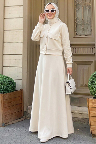 N.S NEVA STYLE Buttoned Beige Hijab Skirt Two-Piece Set 12261Bej