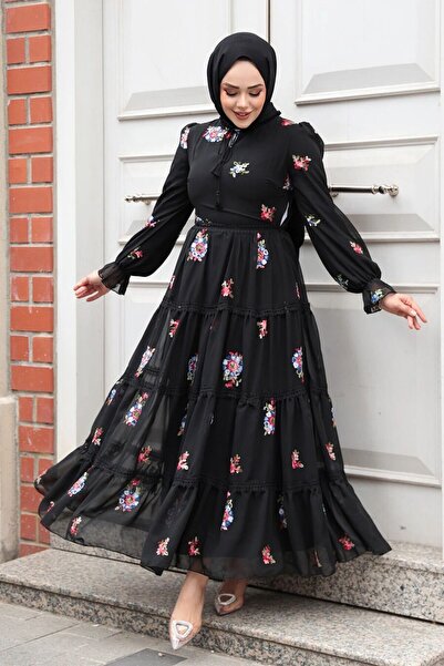Neva Style Çiçek Desenli Siyah Tesettür Elbise 32816S
