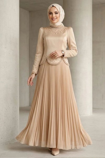 N.S NEVA STYLE Beaded Detailed Beige Hijab Evening Dress 55651Bej
