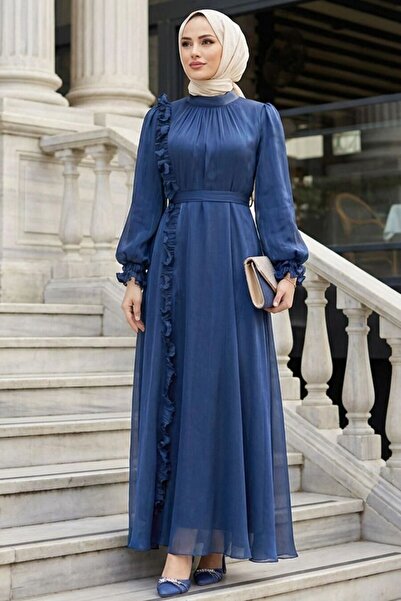 N.S NEVA STYLE Ruffle Detail Navy Blue Hijab Evening Dress 45881L