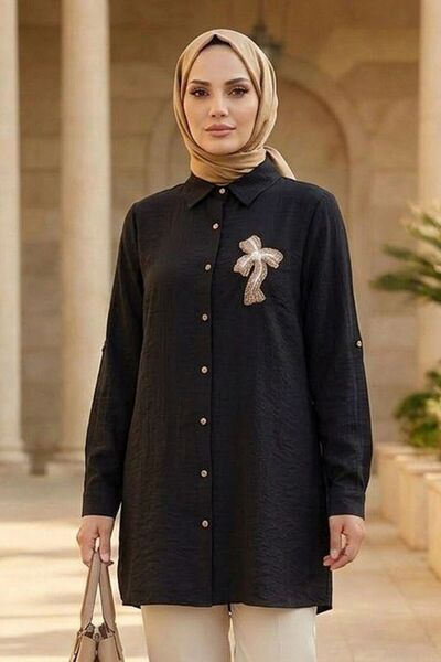 N.S NEVA STYLE Broş Detaylı Siyah Tesettür Tunik 11192S
