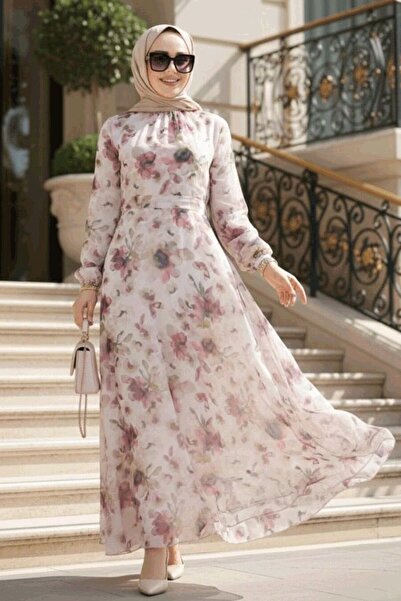 Neva Style Floral Patterned Dusty Rose Hijab Dress 279914 Gk