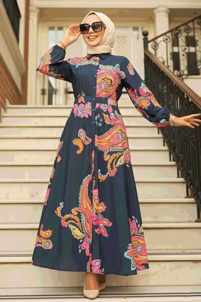 Neva Style Patterned Navy Blue Hijab Dress 23441L