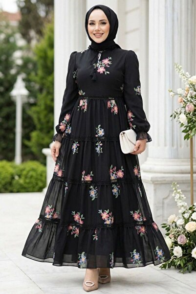 Neva Style Çiçek Desenli Siyah Tesettür Elbise 32815S