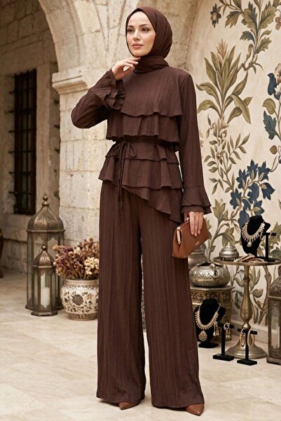 Neva Style Asymmetrical Layered Ruffle Detailed Brown Hijab Set 26086Kh
